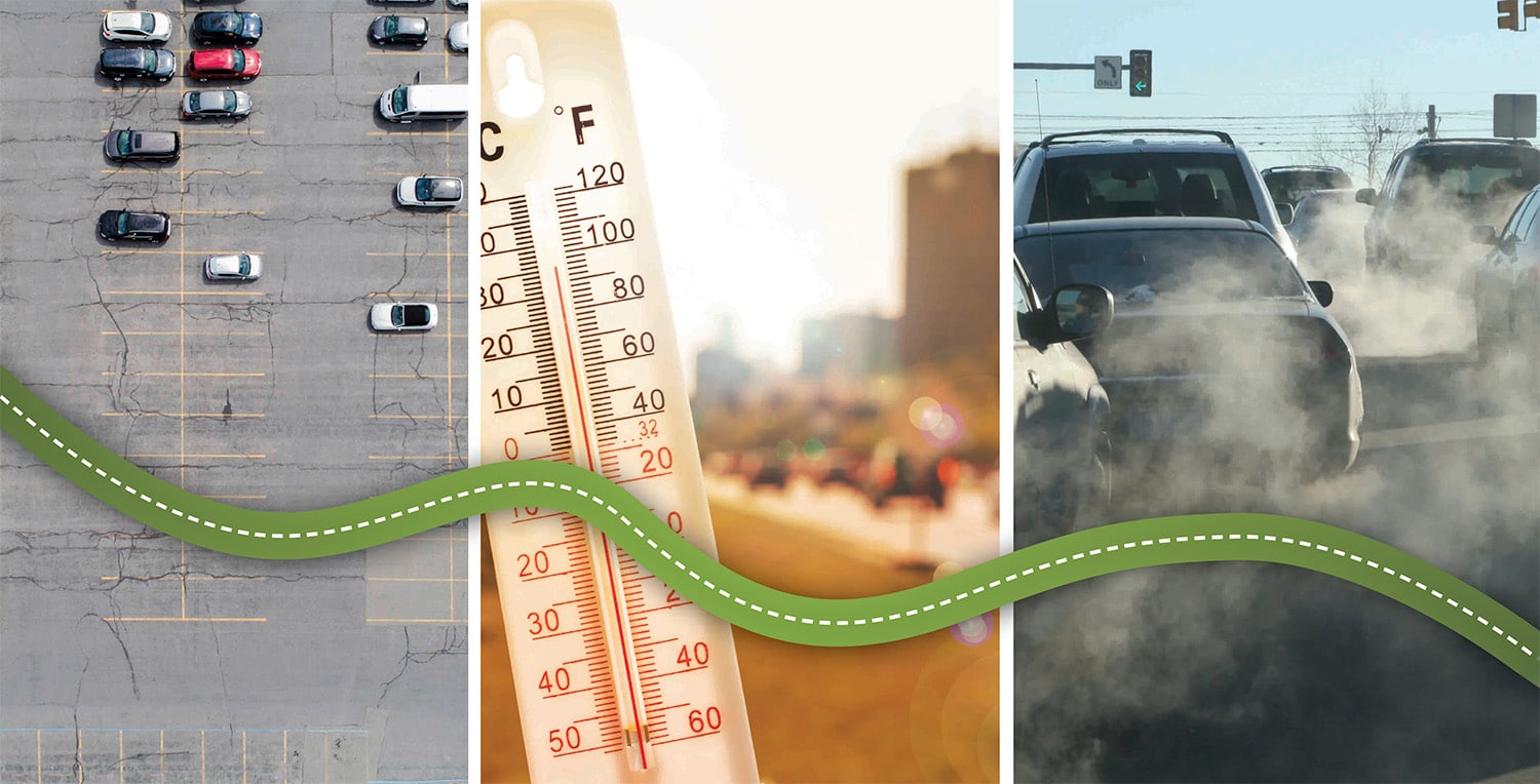 Traffic congestion contributes to fluctuating urban temperatures and emissions.